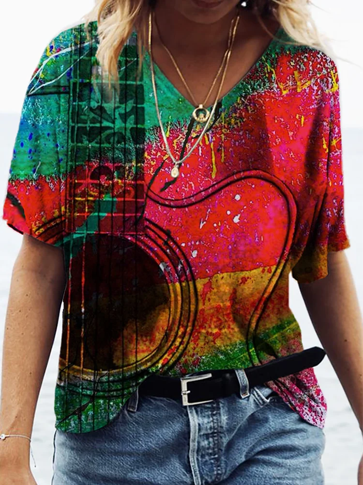 Music Guitar Rainbow  V Neck T Shirt