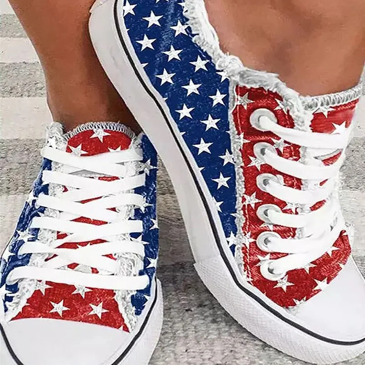 Casual Blue Independence Day Star Striped Low Top Flat Canvas Shoes