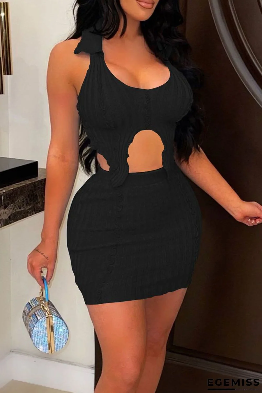 Black Sexy Solid Patchwork Asymmetrical Halter Sleeveless Two Pieces | EGEMISS