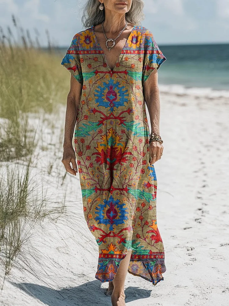 Women's Vintage Lovely Floral Art Print Pocket Cotton Dress