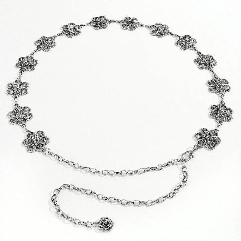 Retro New Fashion Elegant Antique Silver Carved Petal Waist Chain Ladies Retro Metal