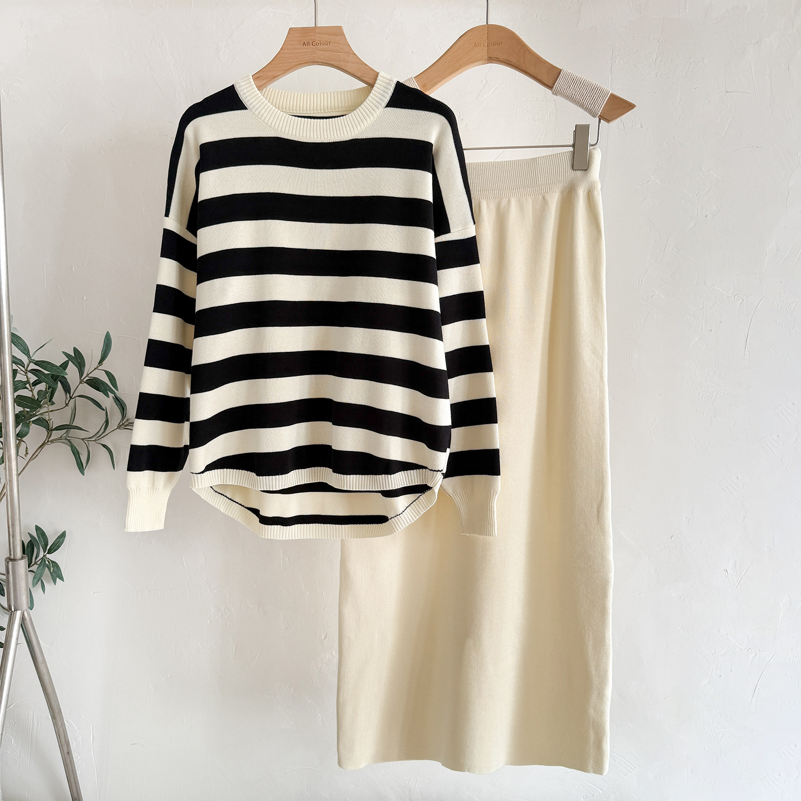 Women's Striped Sweater & Cream Midi Skirt Two Piece Set | IFYHOME