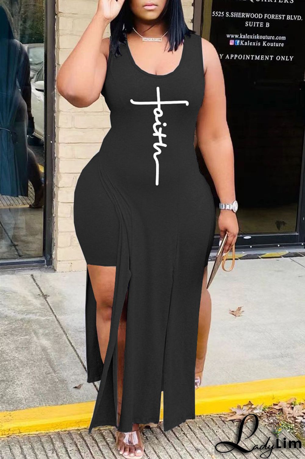 Grey Fashion Sexy Print Slit Vests U Neck Sleeveless Two Pieces