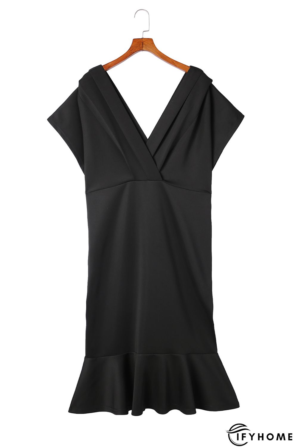 Black Plus Size Pleated V Neck Ruffle Hem Bodycon Dress | IFYHOME