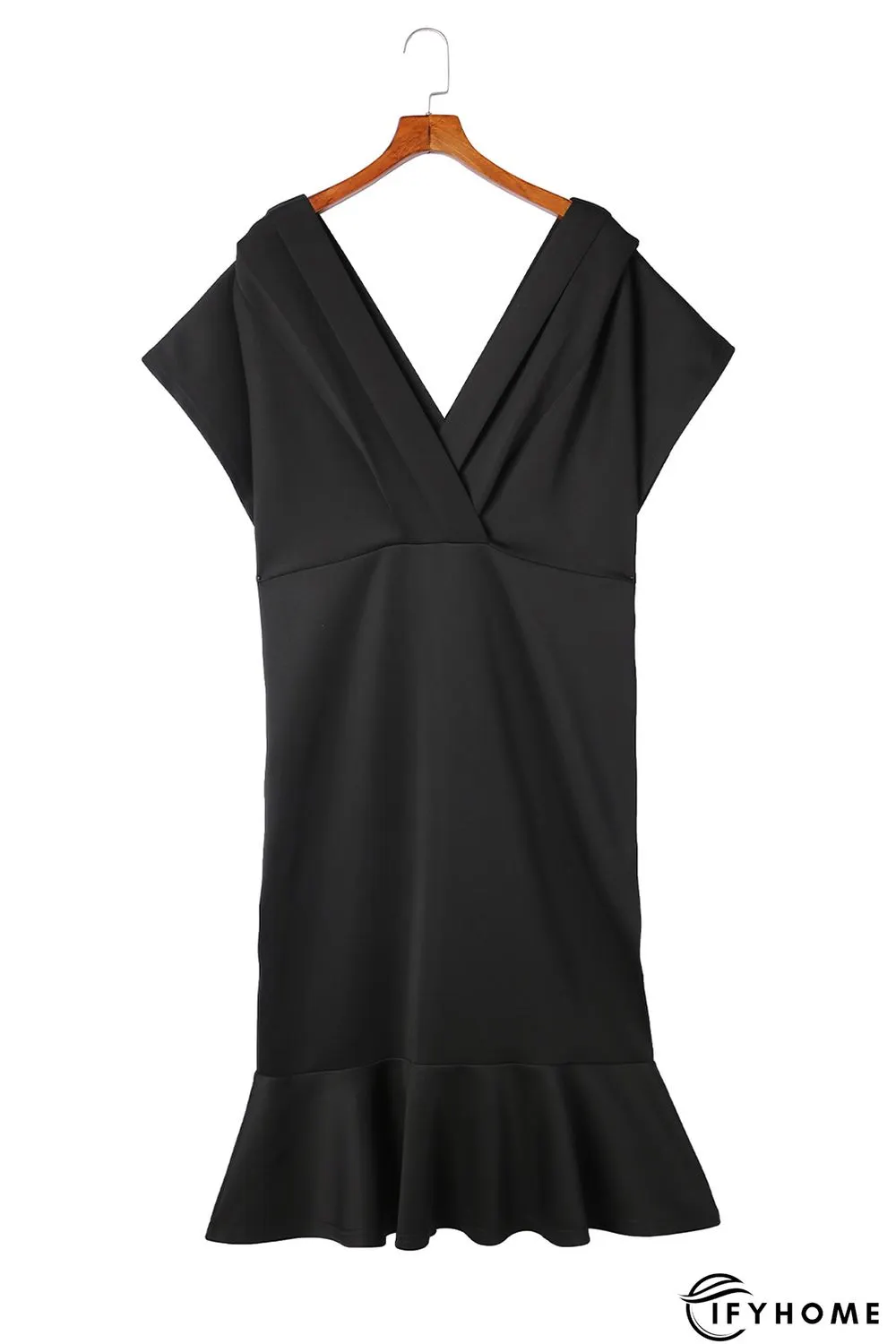 Black Plus Size Pleated V Neck Ruffle Hem Bodycon Dress | IFYHOME