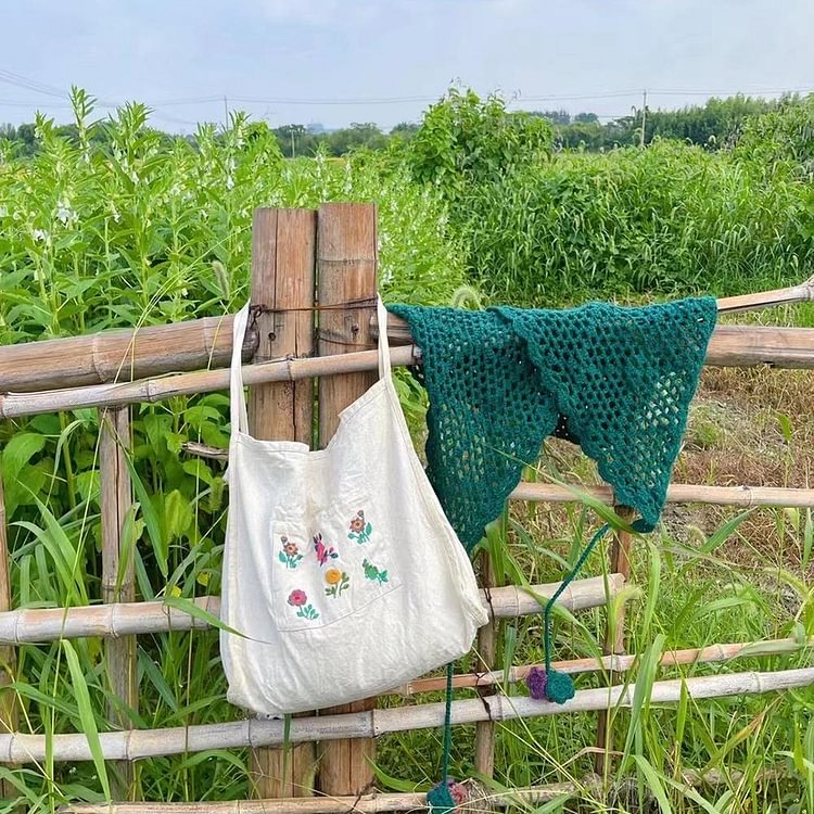 Fairy Tales Aesthetic Cottagecore Fashion Linen Embroidered Floral Bag QueenFunky