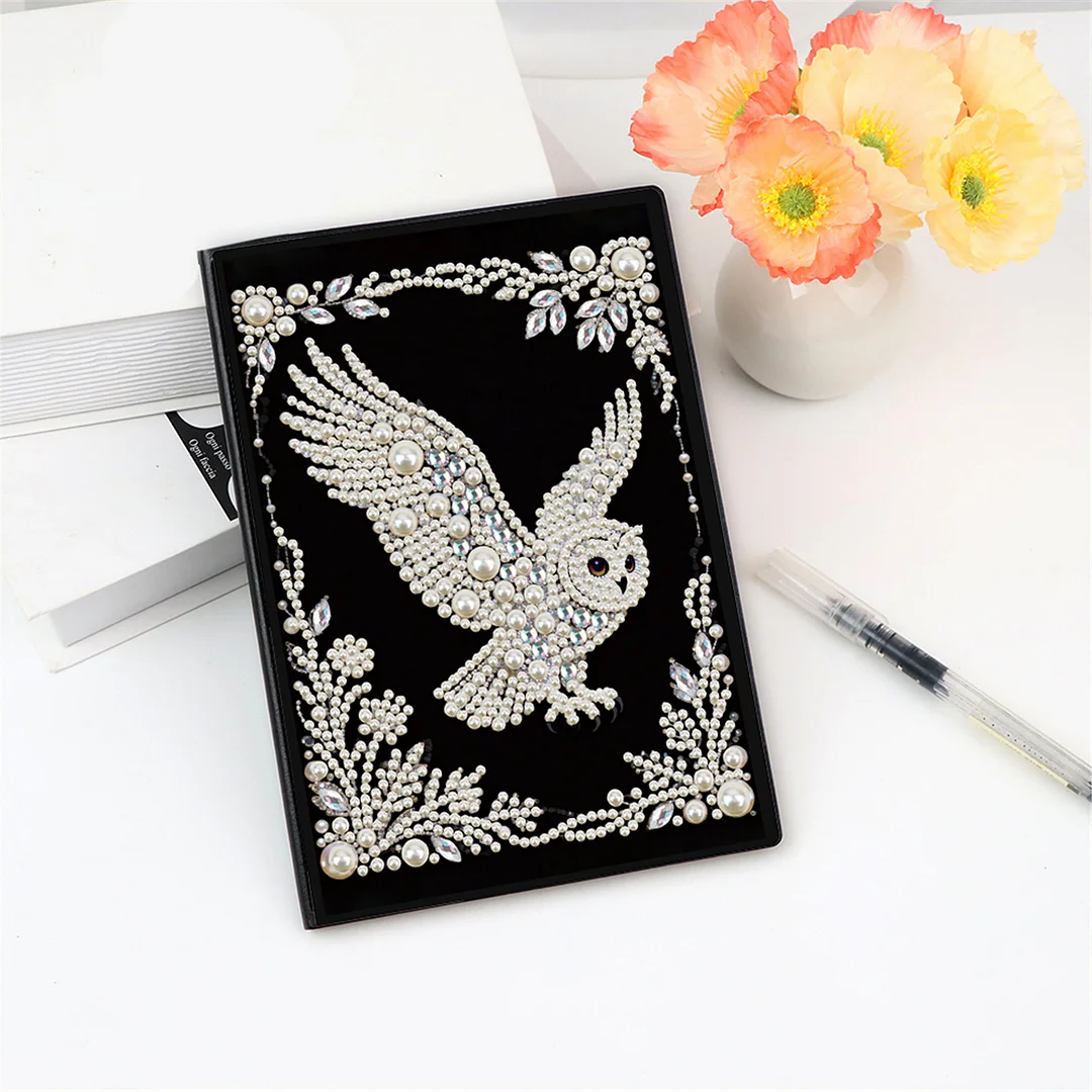 Owl Partial Pearl DIY 50 Pages A5 Diamond Painting Notebook Special Shaped Diamond Art Diary Book Kits Wireless Strip 5D Crystal Art Paintings Sketchbook for Art Drawing