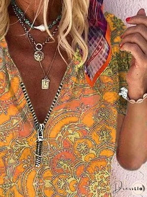 Printed Zipper V-neck Loose Short Sleeve T-shirts