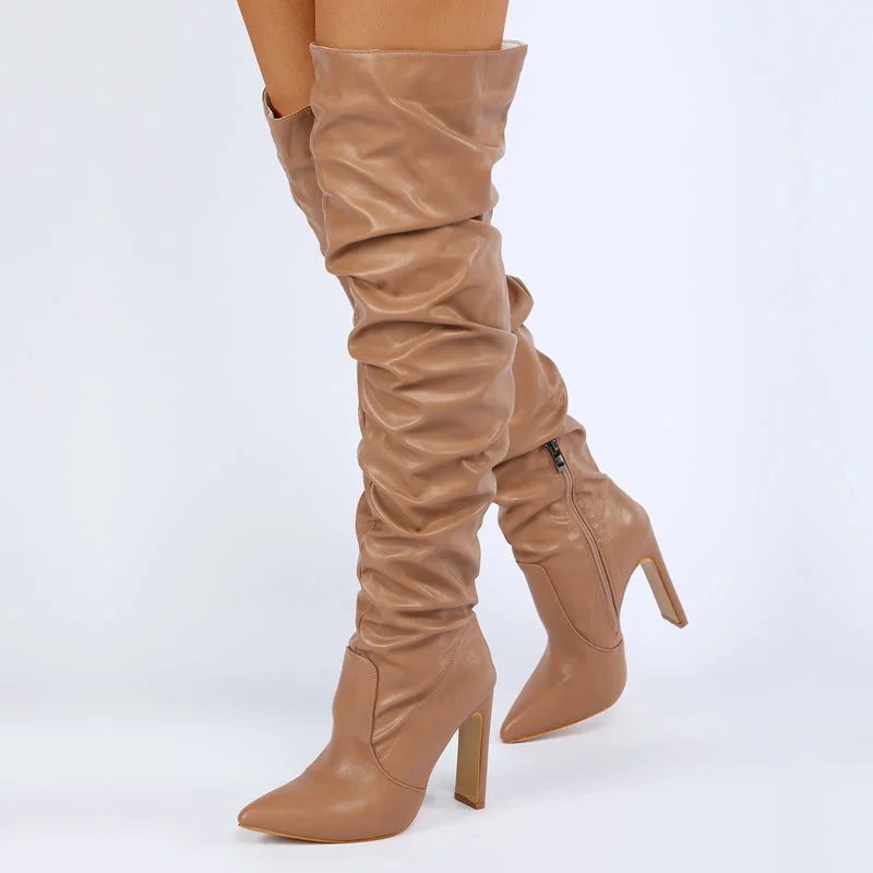 Lourdasprec Pleated Thigh High Boots Fashion Pointed Toe Zip Female Stiletto Square Heels Design White Black Brown Women's Shoes