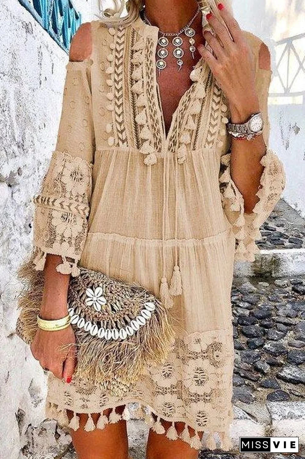 Cutout Shoulder Lace Tasseled Short Dress