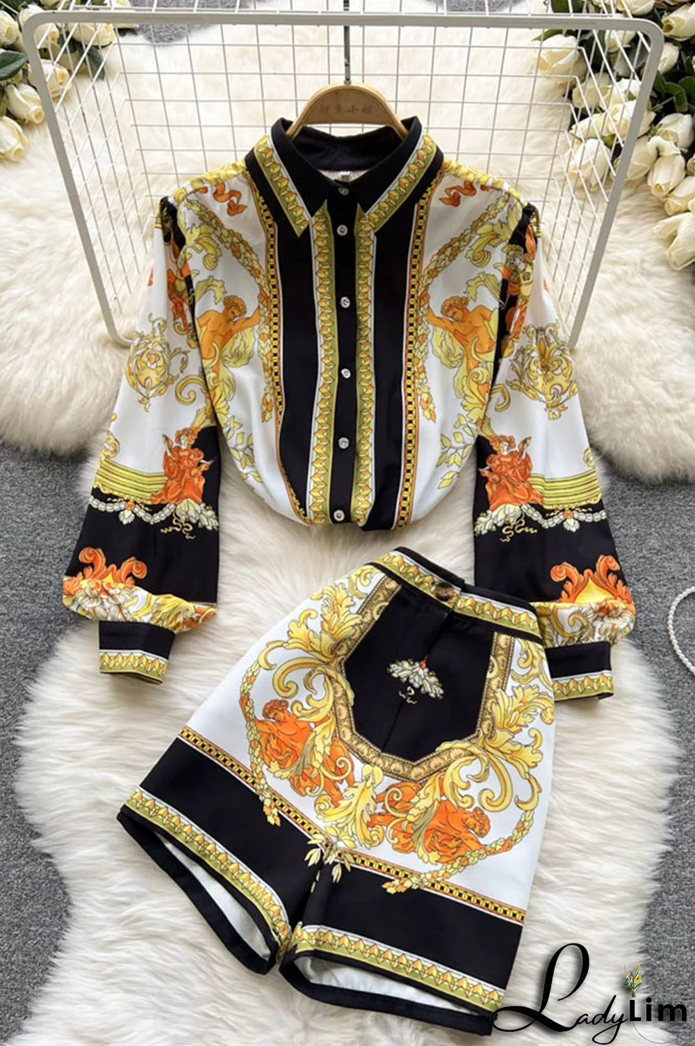 Yellow Fashion Casual Print Patchwork Turndown Collar Long Sleeve Two Pieces