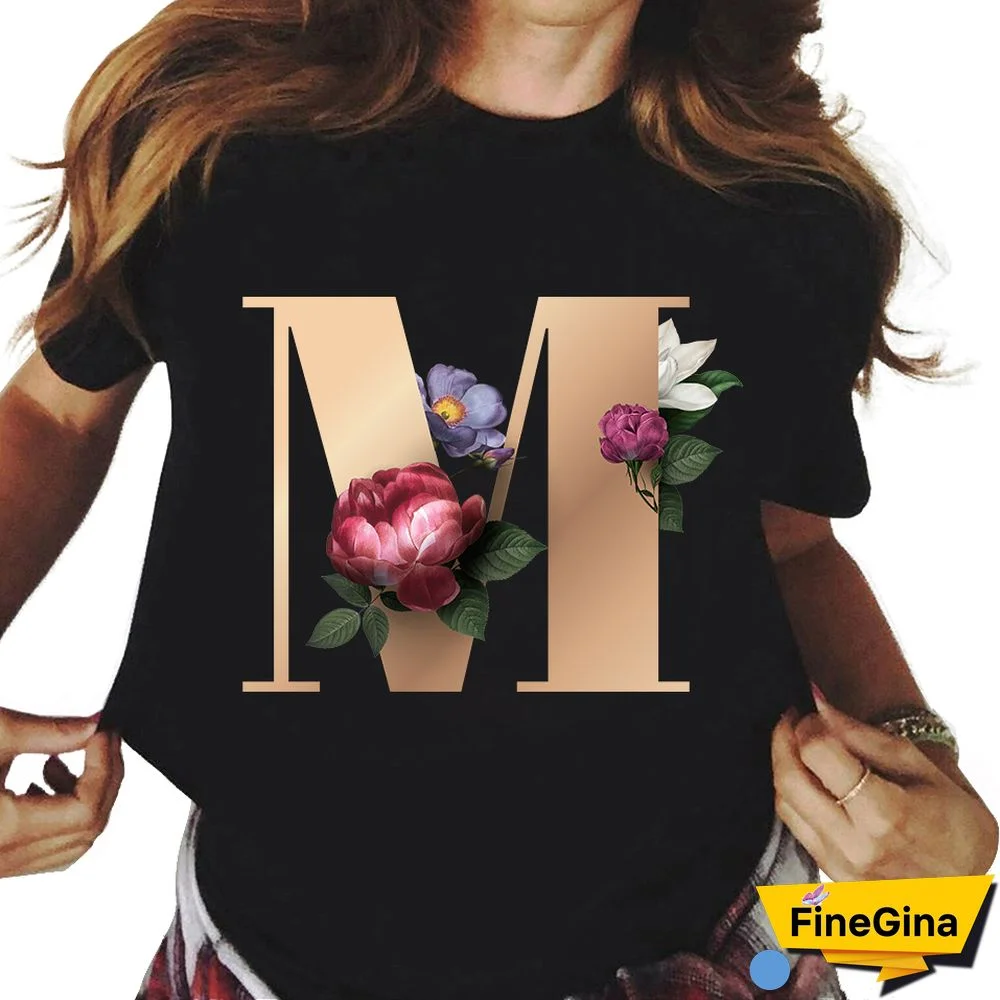 Custom Name Letter Combination T-shirt 26 FloralAlphabetFontClassicTShirt Fashion Harajuku Kawaii TShirt Women Top Tees