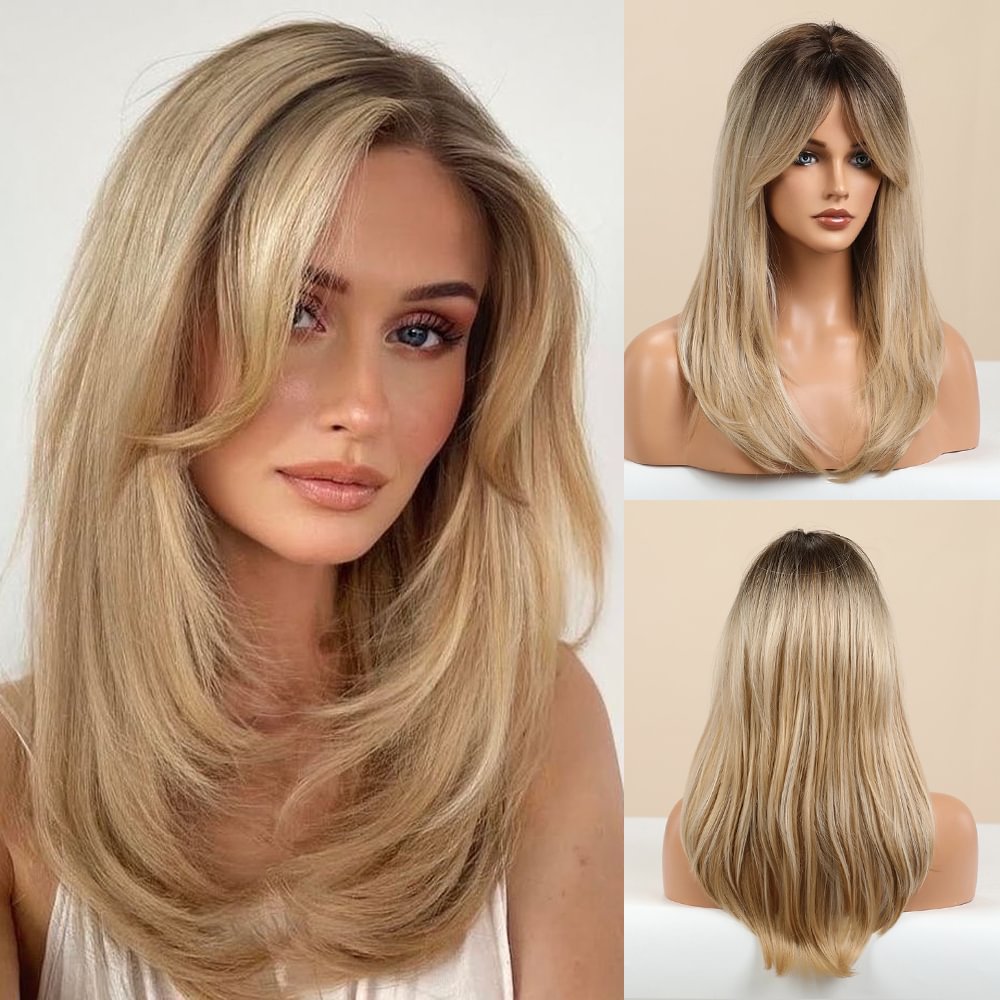 Long Straight Synthetic Wigs Ombre Black Blonde Ash Wigs With Bangs Heat Resistant Fashion Wigs for Women Daily Party Use US Mall Lifes