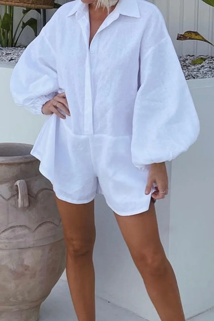 Button Up Lantern Long Sleeve Quilted Loose-Fit Plain Linen Romper Playsuit [Pre Order]