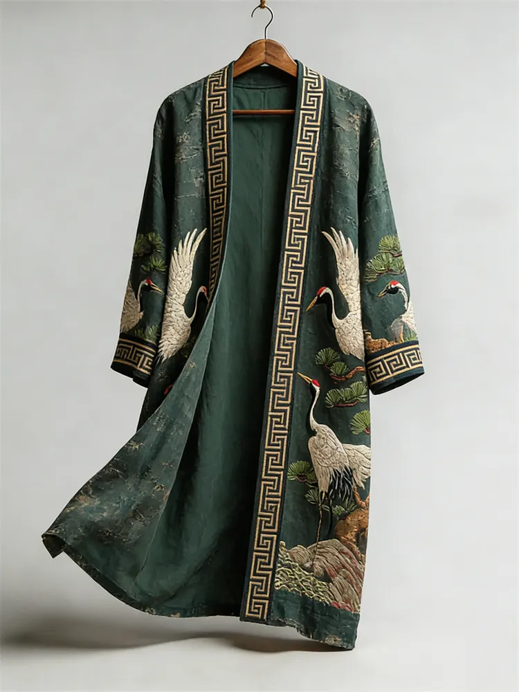 Cranes & Pine Trees Japanese Art Flowy Linen Long Kimono  artssus
