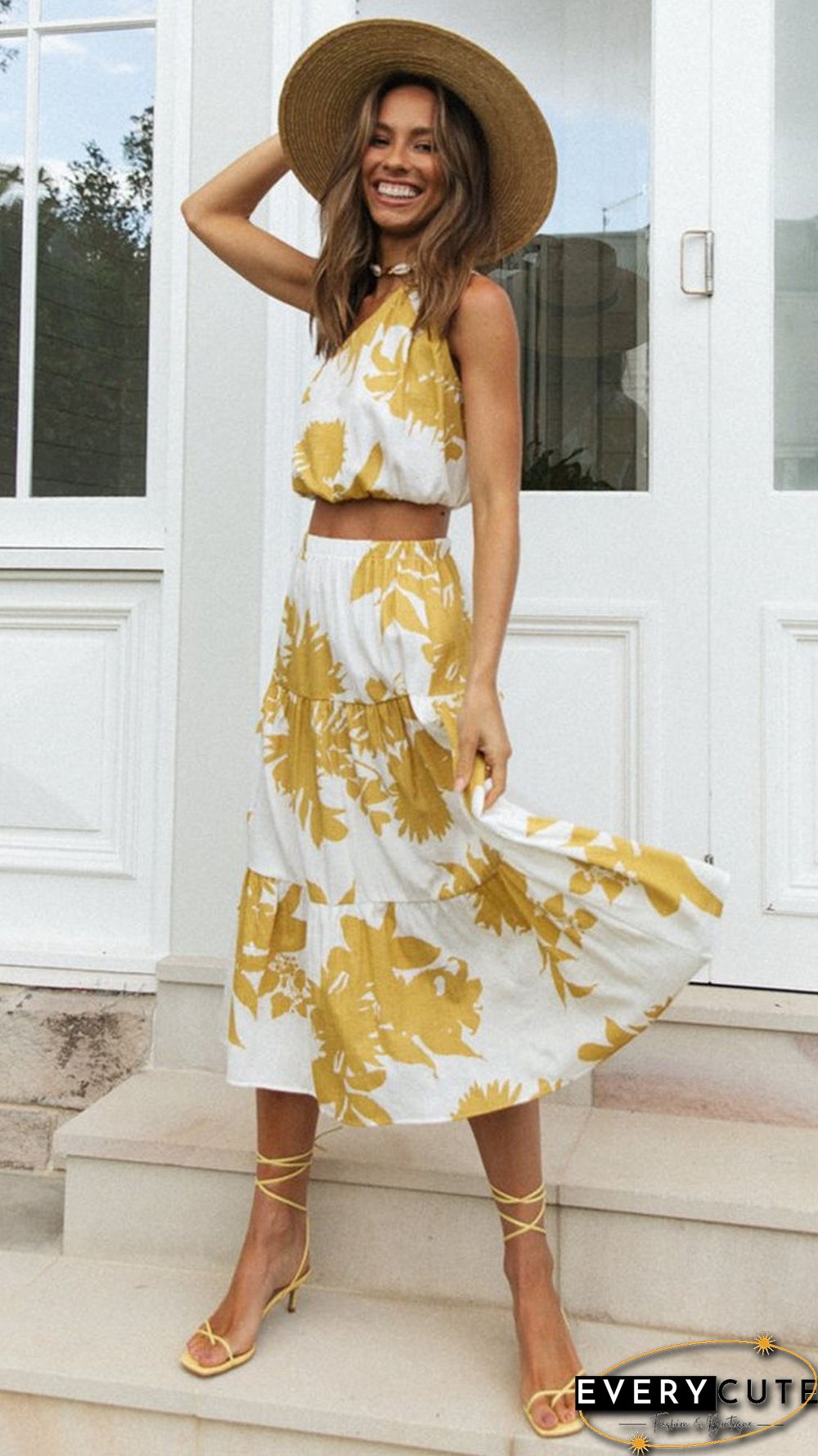 Yellow Floral Top and Skirt Matching Sets