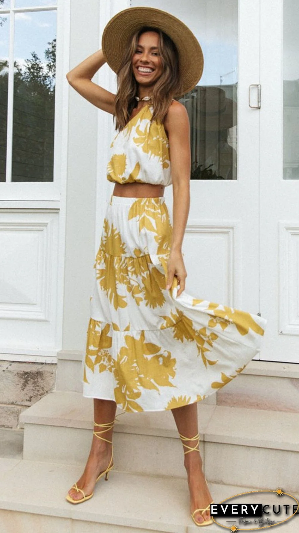 Yellow Floral Top and Skirt Matching Sets