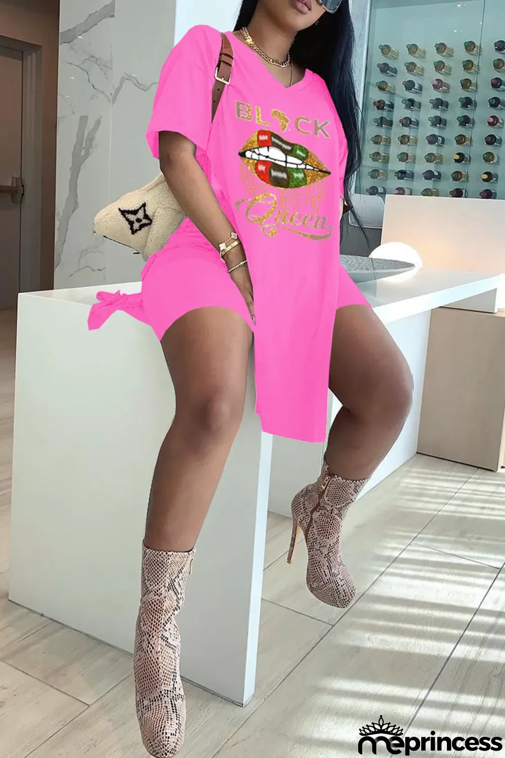 Rose Red Fashion Casual Letter Lips Printed Slit V Neck Two Pieces