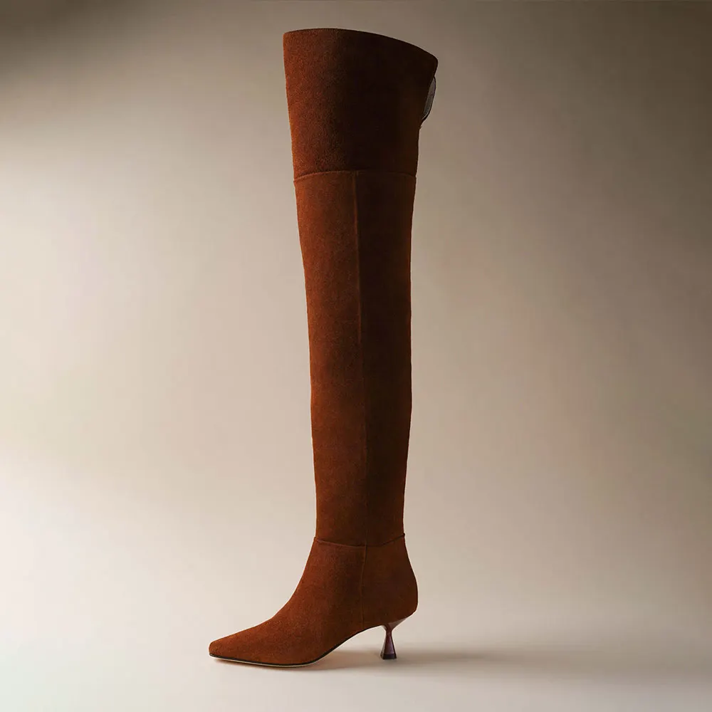 YDN Vegan Suede Kitten Heel Thigh High Slouch Boots in Brown