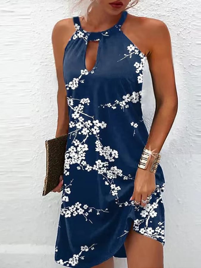 Leisure Plum Blossoms Printed Sleeveless Hanging Neck Hollow Dress