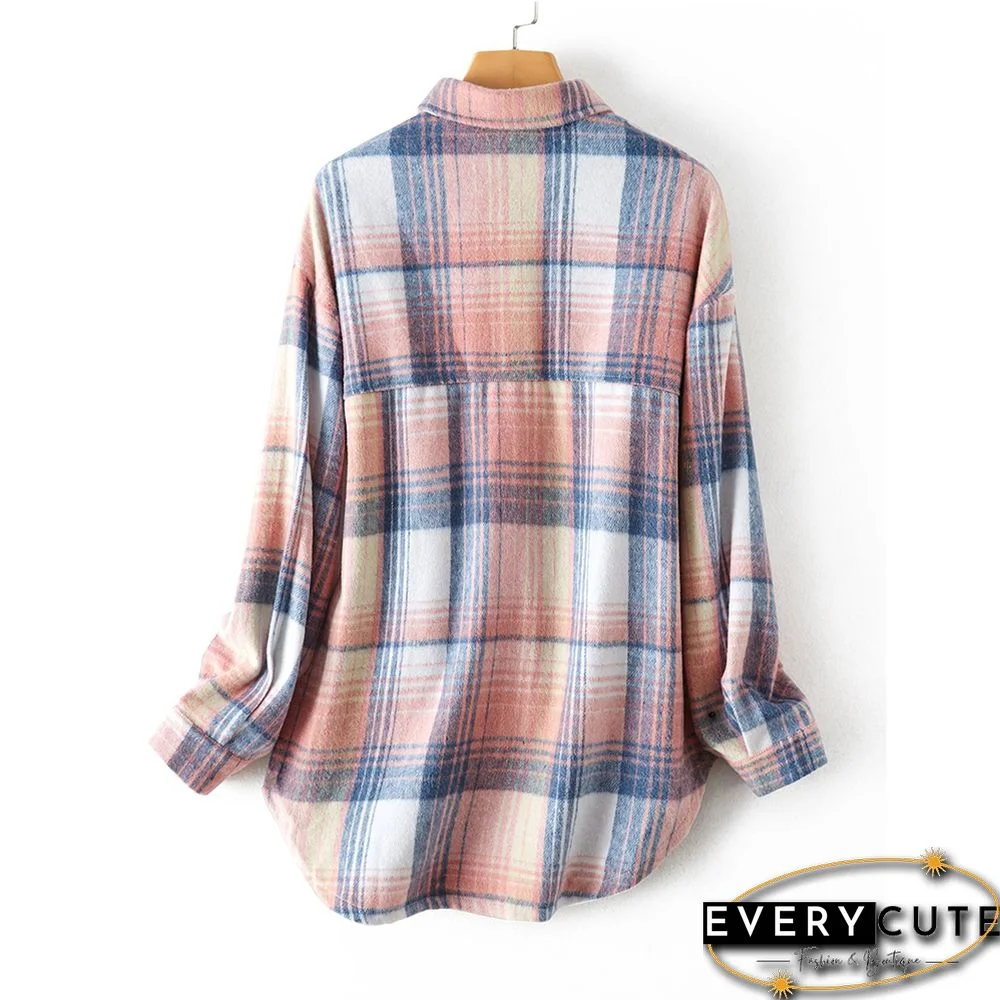 Pink Plaid Print Button Shacket with Pocket