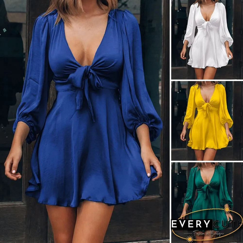 Plus Size Women Sleeve Solid Color Deep Neck Dress High Waist Satin Silk Sexy Mini Holiday
