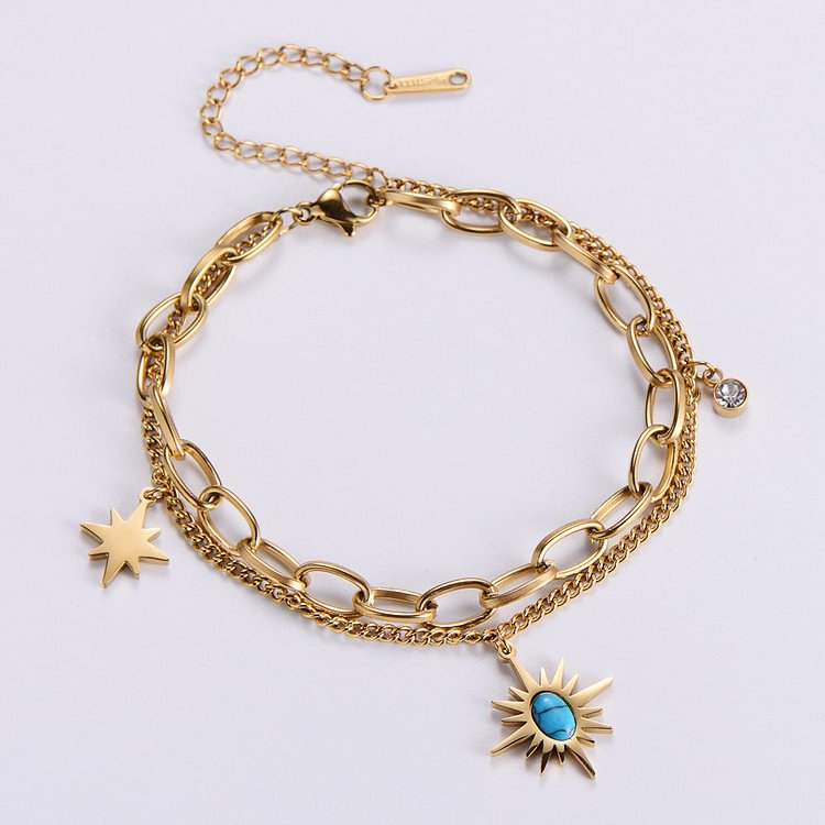 Sun Star Turquoise Stainless Steel Double Layer Bracelet