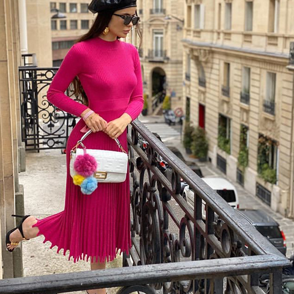 Ootddress Ribbed Pleated Knit Dress Women Loose Fashion Patchwork Long Sleeve Dress High Waist Knitwear Female Autumn Maxi Dress New