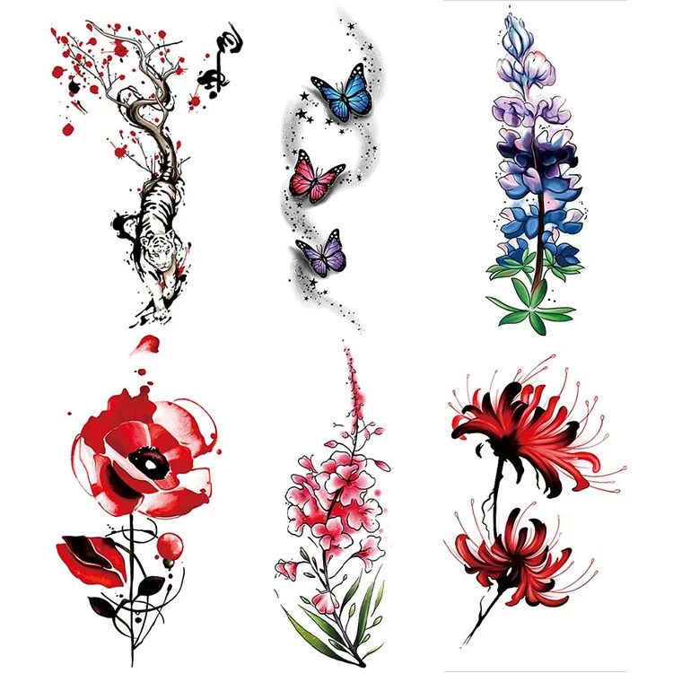 6 Sheets Art Tree Flower Watercolor Temporary Tattoo Sticker
