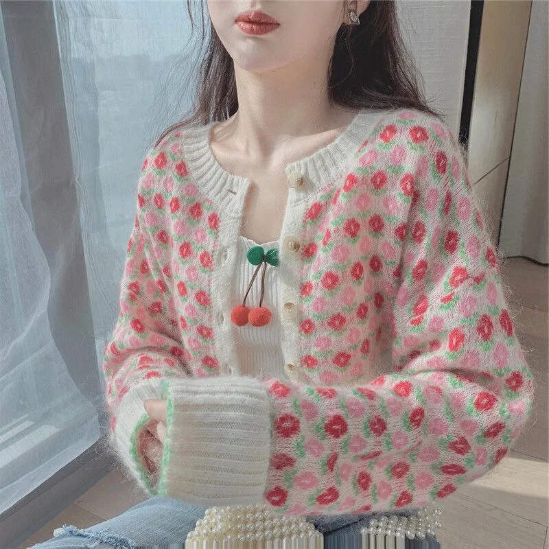 Pink Floral Cardigan Women Sweet Crop Top Slender Knitting Spring Lovely Girls Soft Fresh Ulzzang Teenagers Gentle Sweaters Chic