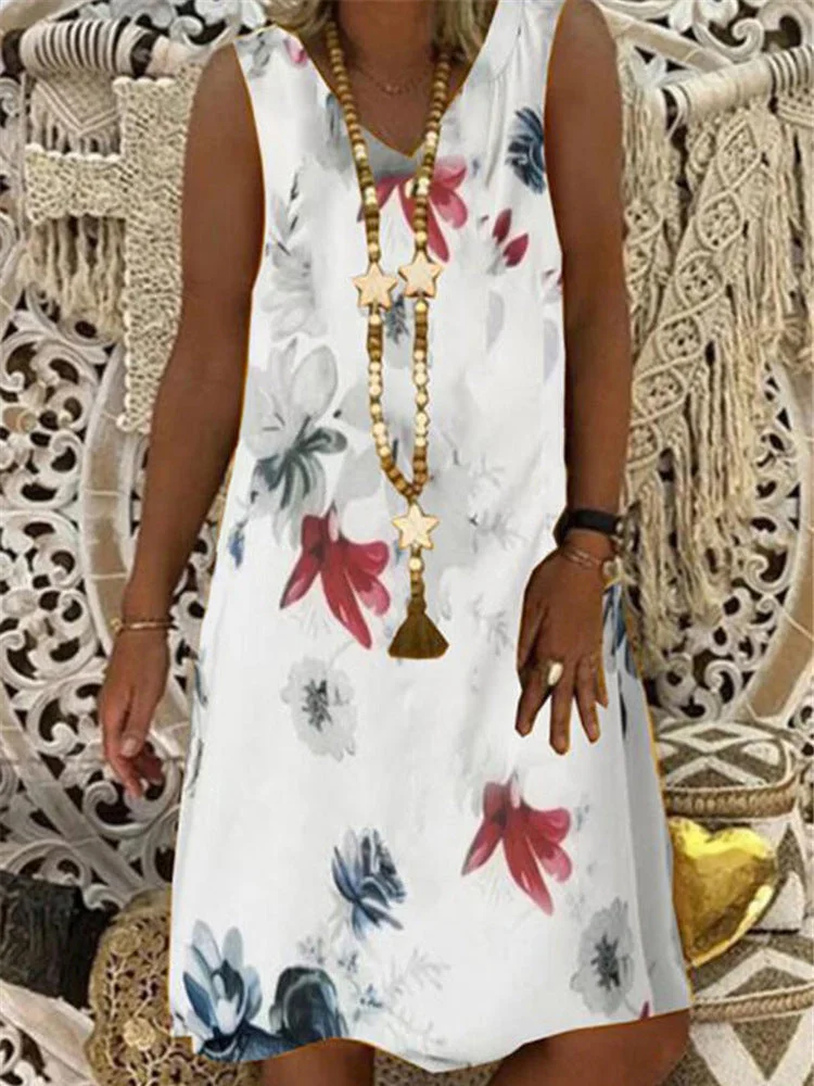 Women's Floral Printed Sleeveless V-neck Midi Dress
