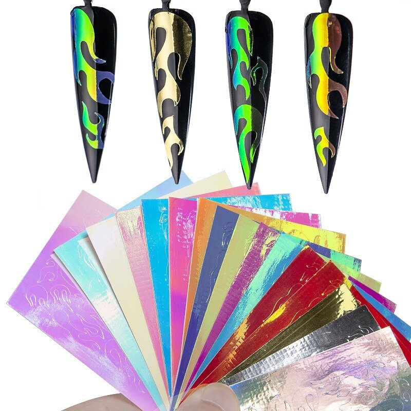 16pcs Nail Art Sticker Set Laser Flame Leaves Butterfly Multiple Colour Summer Party Nail Decoration