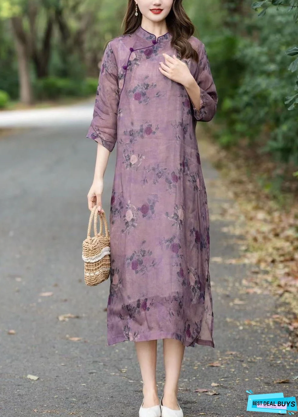 Vintage Purple Stand Collar Print Patchwork Linen Dress Summer