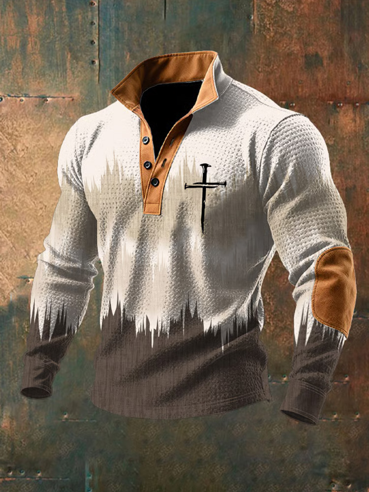 Men's Retro Color Block Faith Print Waffle Sweatshirt elevenforest