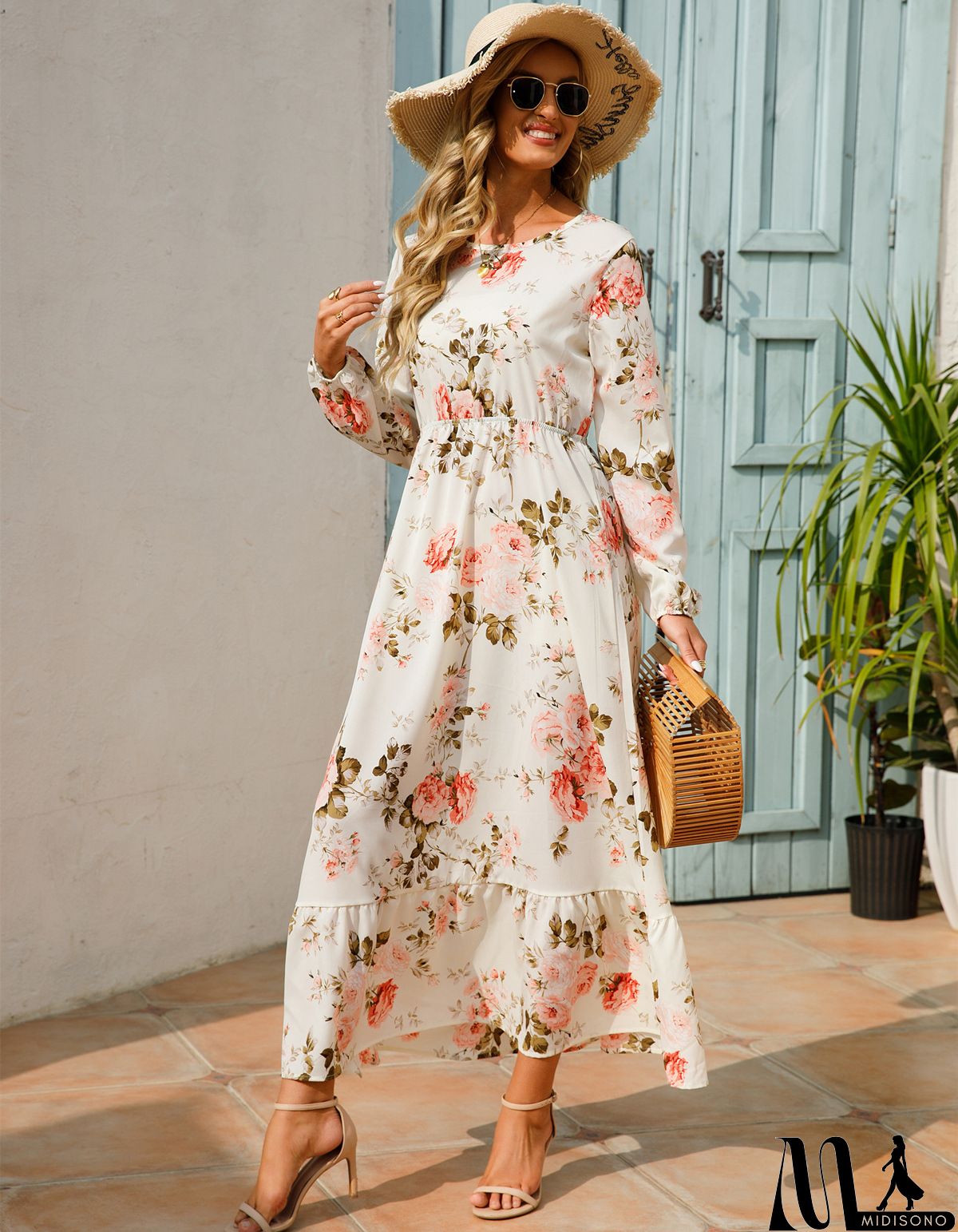 MidiSono - Women Fashion Casual Floral Print Round Neck Long Sleeve Maxi Dress