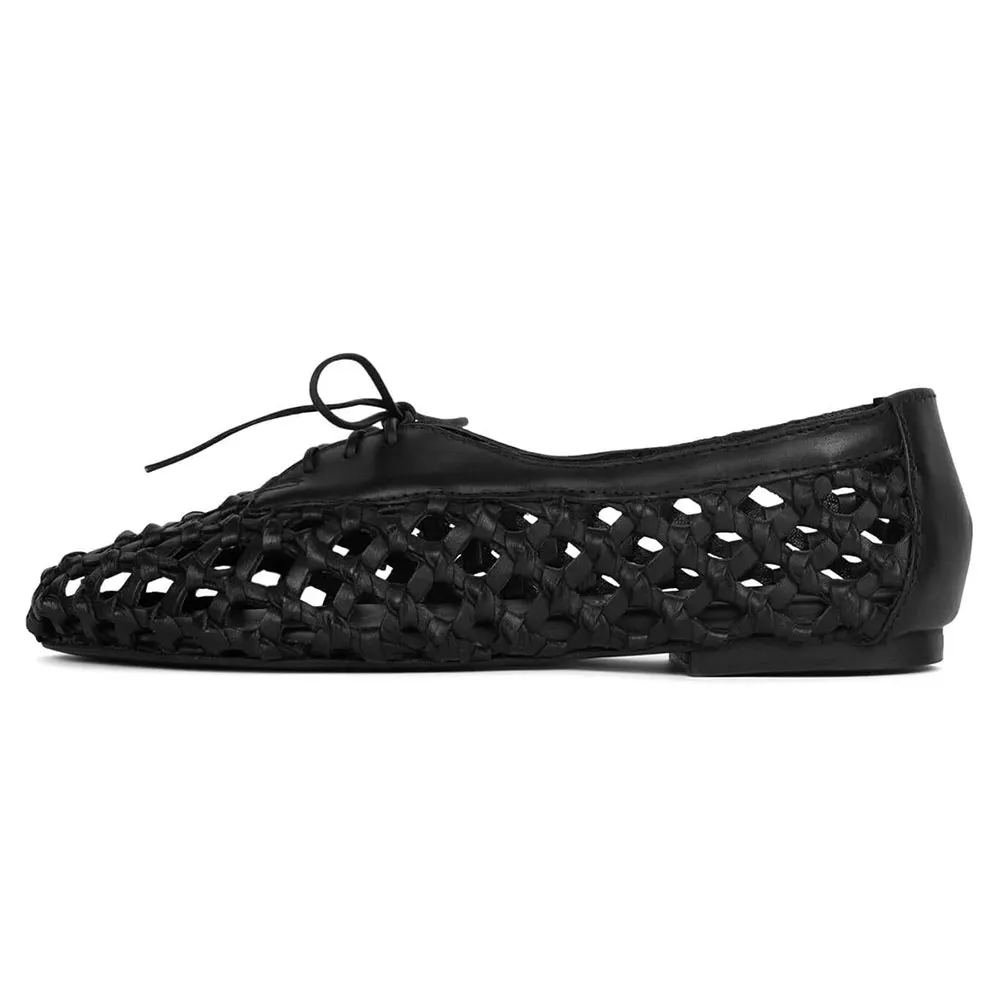 YDN Black Woven Round Toe Cut-Out Lace-Up Flat Shoes for Women