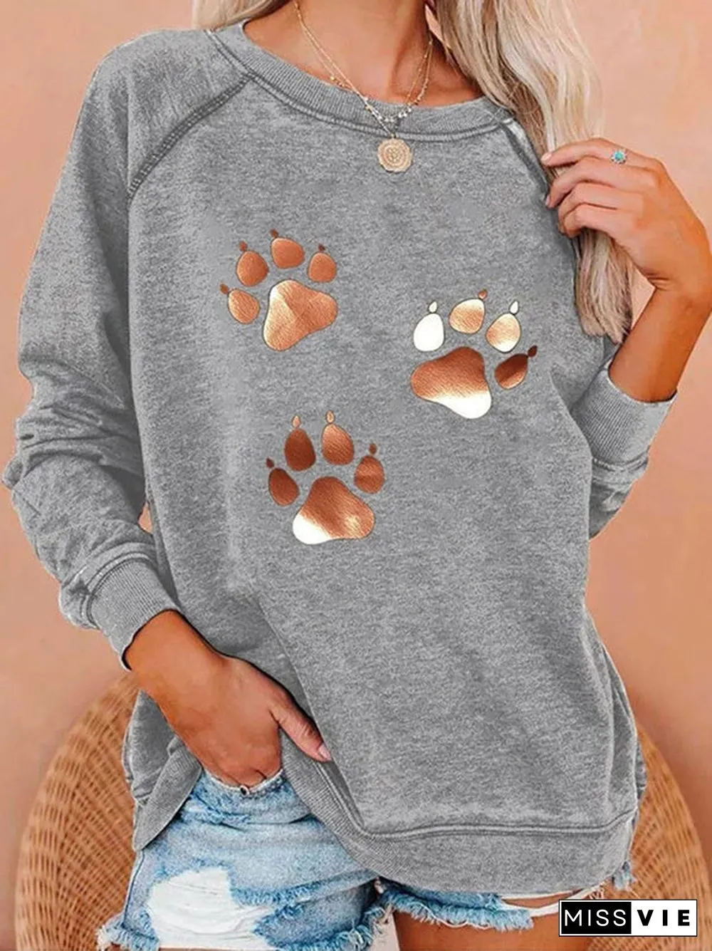 Women's Scoop Neck Long Sleeve Graphic Cat Paw Printed Tops