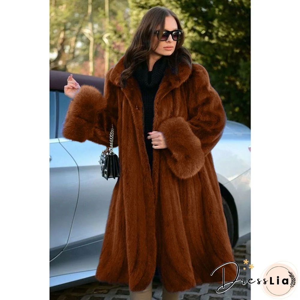 Women's Winter New Fashion Plus Size Luxury Elegant Solid Color Turn Down Collar Faux Fur Coat Warm Outerwear Tops