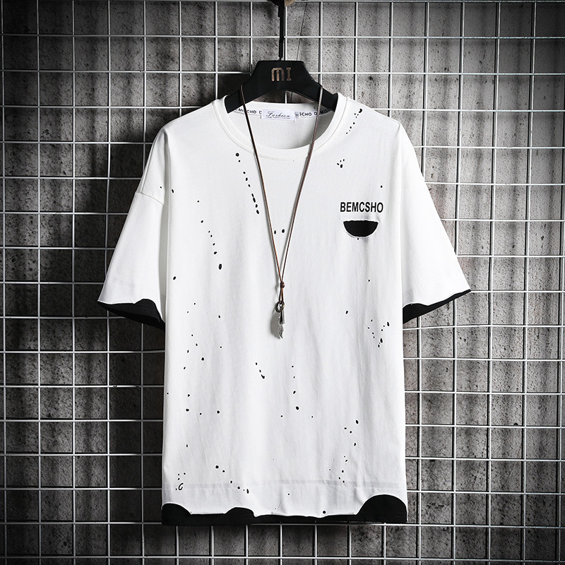 Men's Fake Two-piece Short-sleeved T-shirt Trendy Brand Hole Hip-hop Loose Body T-shirt / TECHWEAR CLUB / Techwear