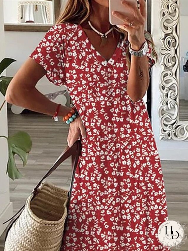 Casual Dress A Line Dress Floral Dress Floral Ditsy Floral Split Print V Neck Long Dress Maxi Dress Fashion Streetwear Outdoor Daily Short Sleeve Regular Fit Wine Summer Spring S M L XL XXL for Women