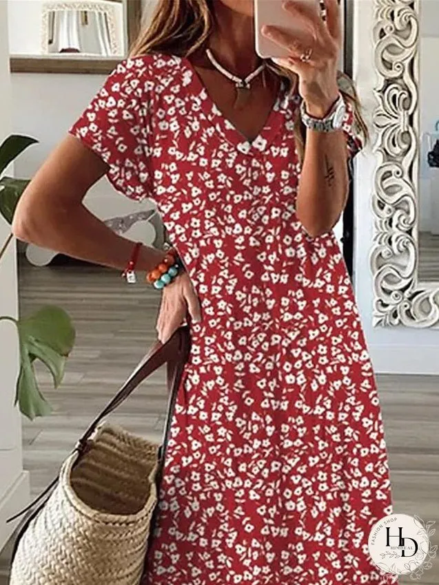 Casual Dress A Line Dress Floral Dress Floral Ditsy Floral Split Print V Neck Long Dress Maxi Dress Fashion Streetwear Outdoor Daily Short Sleeve Regular Fit Wine Summer Spring S M L XL XXL for Women