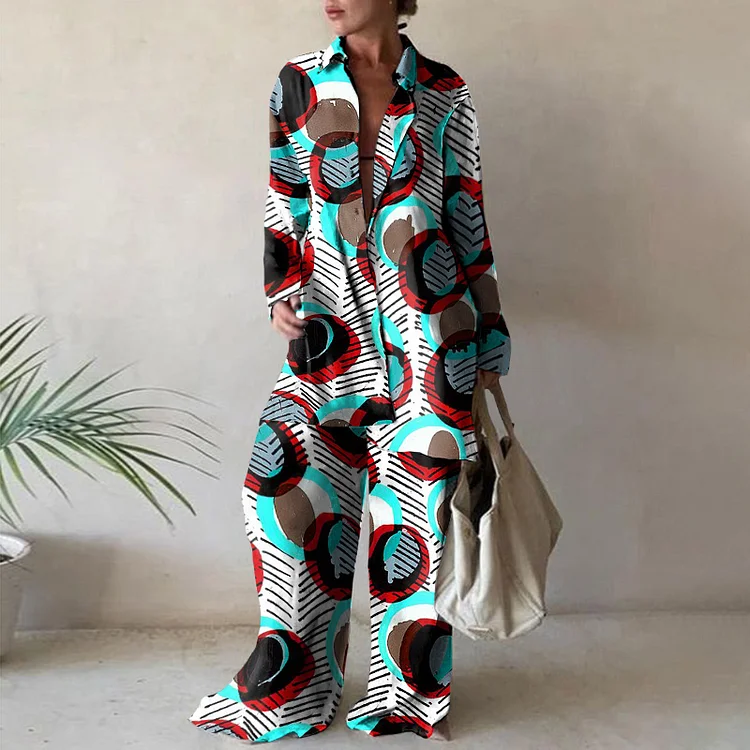 Lapel Contrast Polka Dot Print Loose Two Piece Set