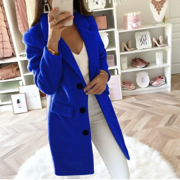 Women's autumn and winter solid color suit collar mid-length double-breasted woolen coat