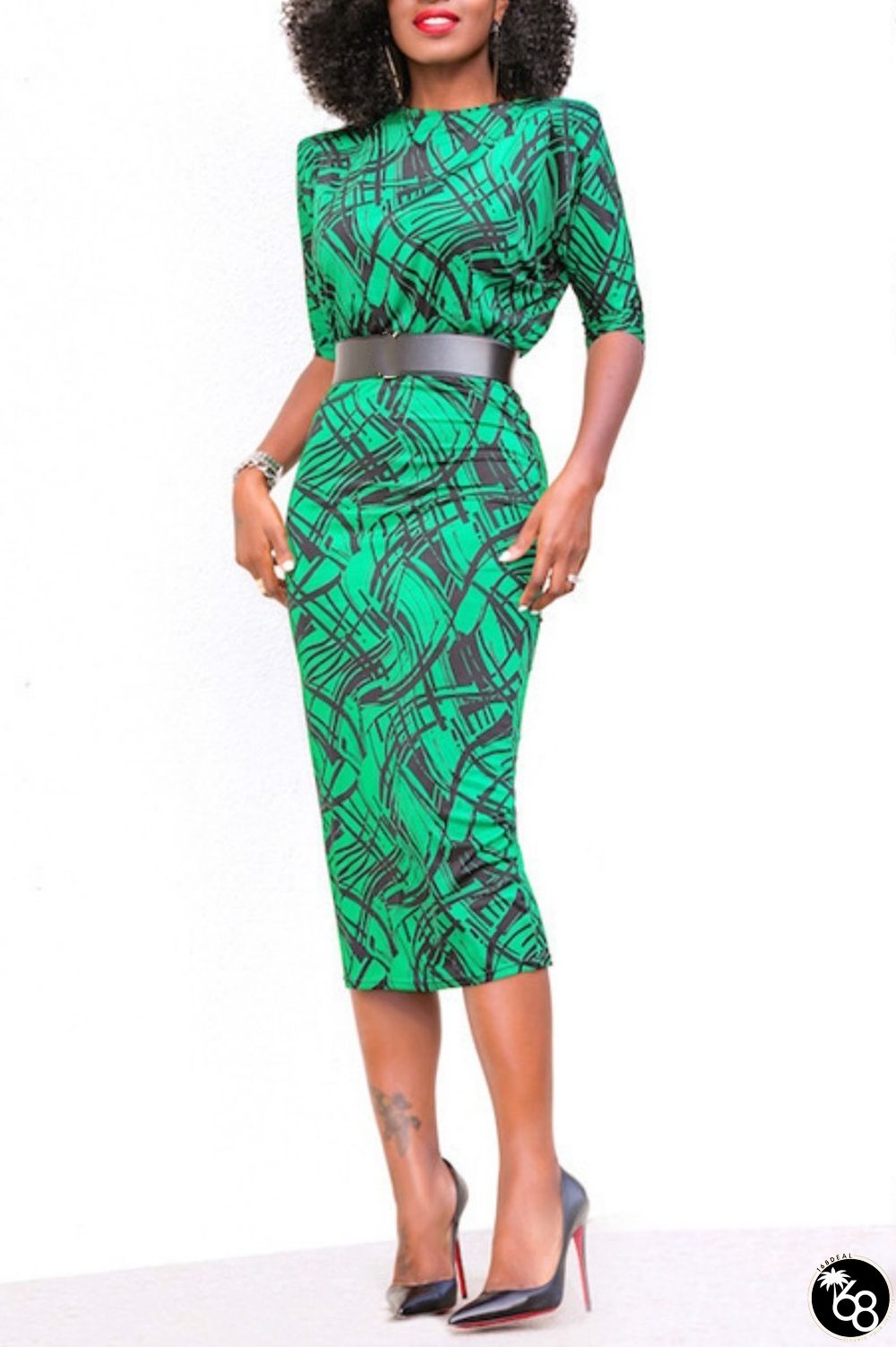 Green Casual Print Patchwork O Neck Pencil Skirt Dresses  | 168DEAL