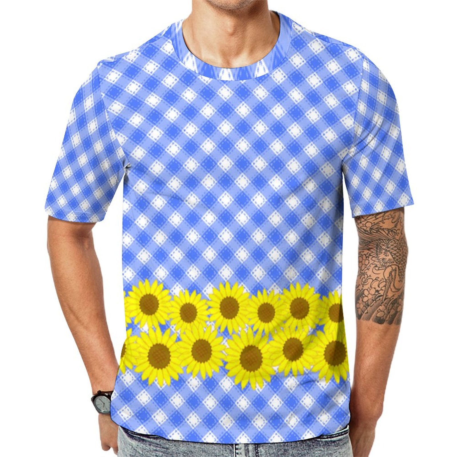 Sunflower Check Blue Beach Sandals Short Sleeve Print Unisex Tshirt Summer Casual Tees for Men and Women Coolcoshirts