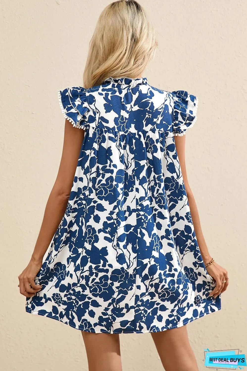 Sail Blue Floral Ruffled Cap Sleeve Tied Neck Mini Dress