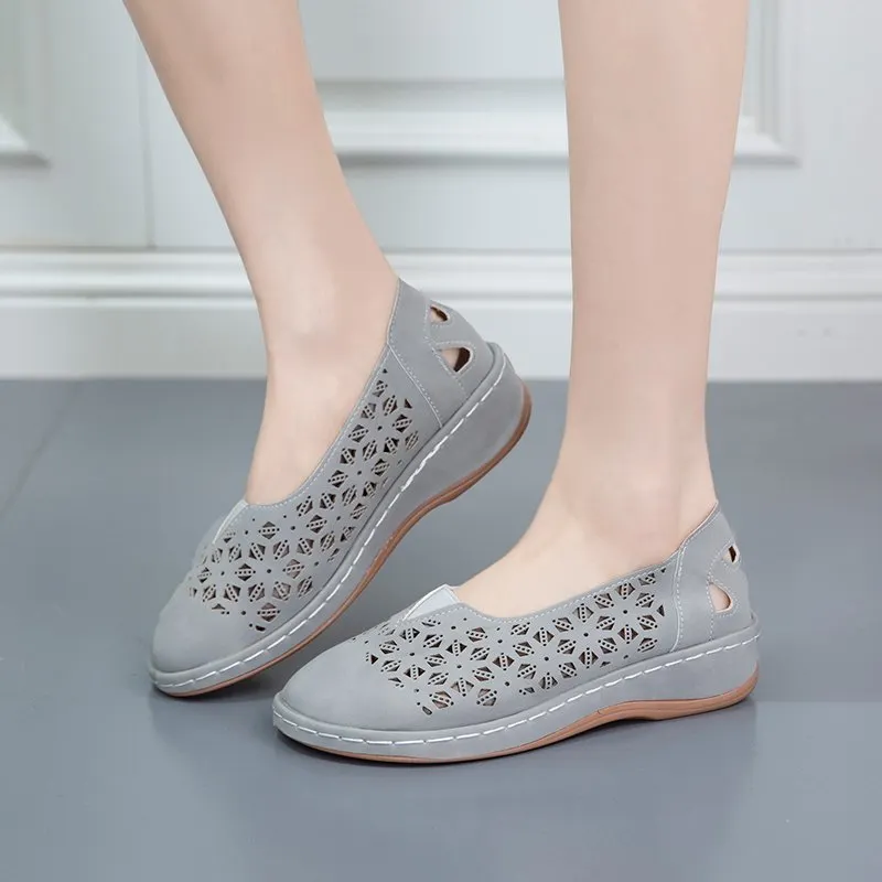 Yyvonne Casual Flat-Bottomed Hollow Hole Shoes Women Retro Round Head Pedal Lefu Shoes Lazy Single Shoes