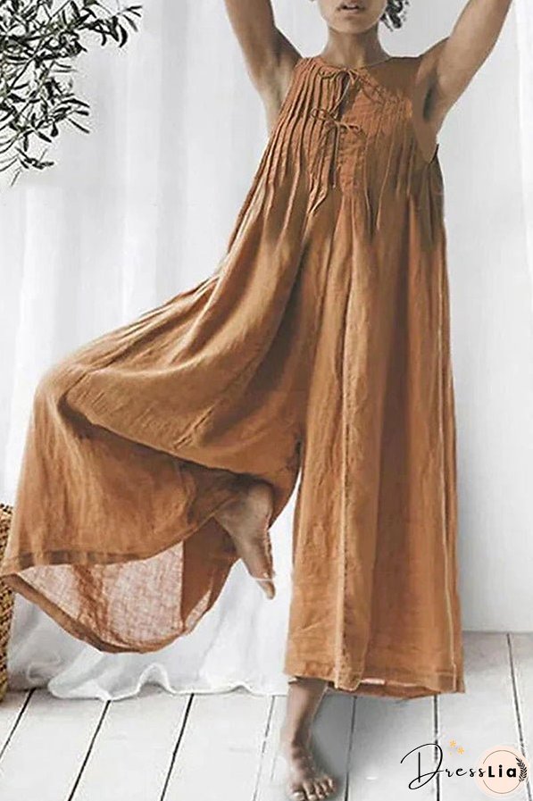 Salma Linen Blend Sleeveless Cutout Ruched Detail Wide Leg Jumpsuit