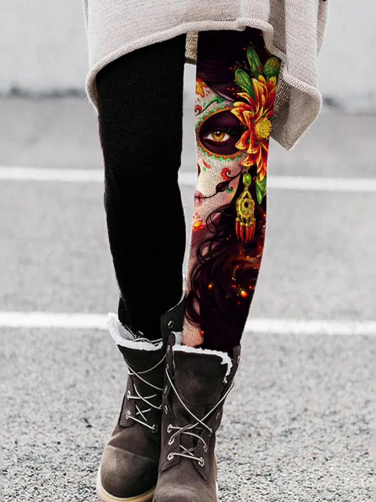 Woman At Day Of The Dead Art Contrast Leggings