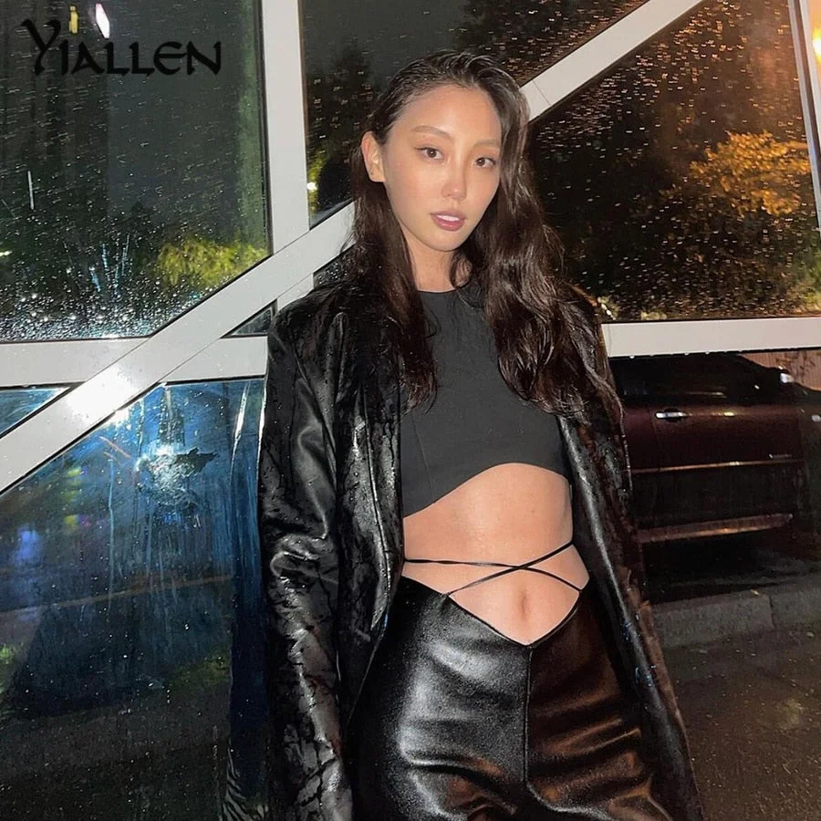 Yiallen Autumn Faux PU Leather Bandage Solid Flare Pants Women High Waist Vintage Punk All-match Trousers Streetwear Bottoms